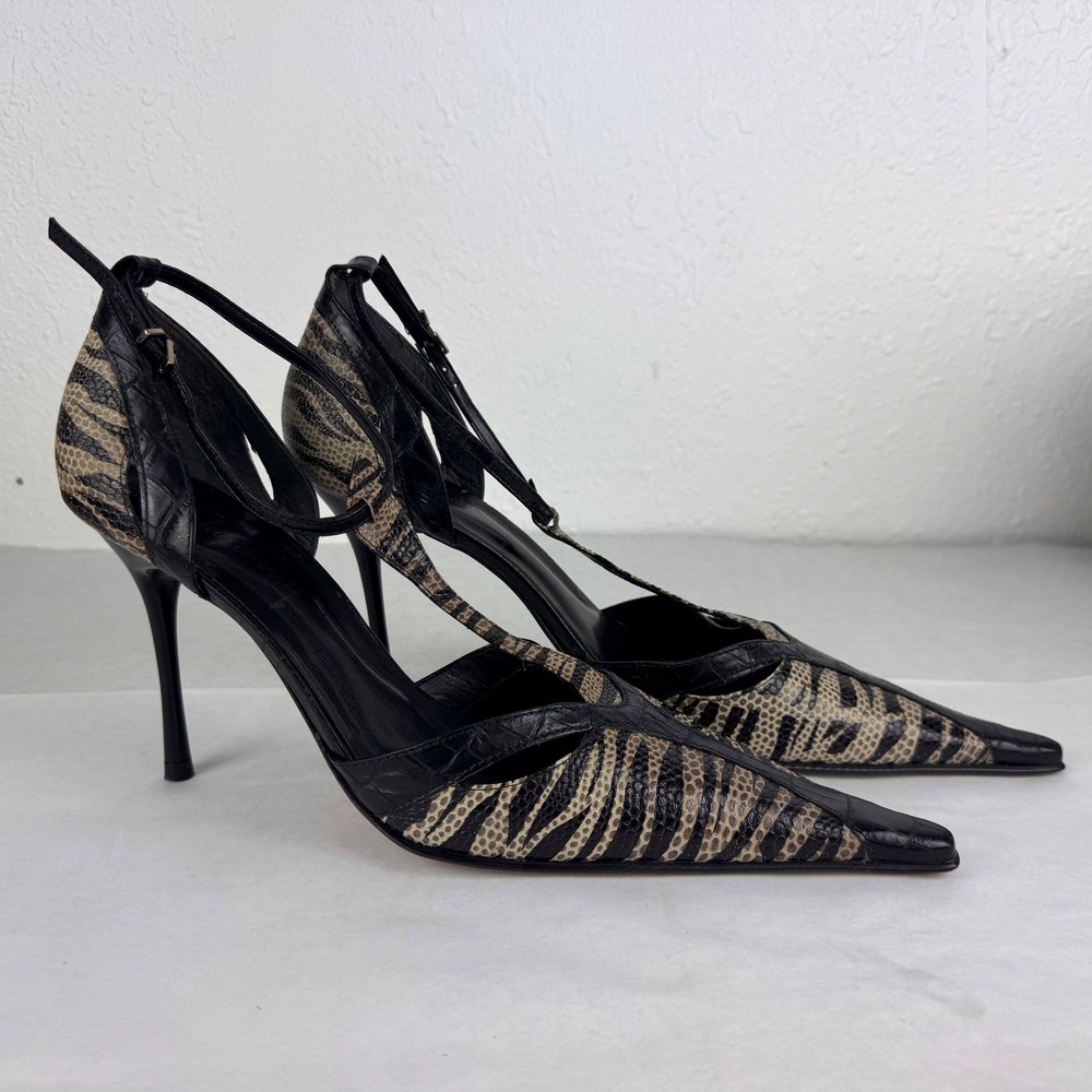 Luichiny Zebra Croc Leather T-Strap Pointed Toe Stiletto Heels Black Tan Size 10